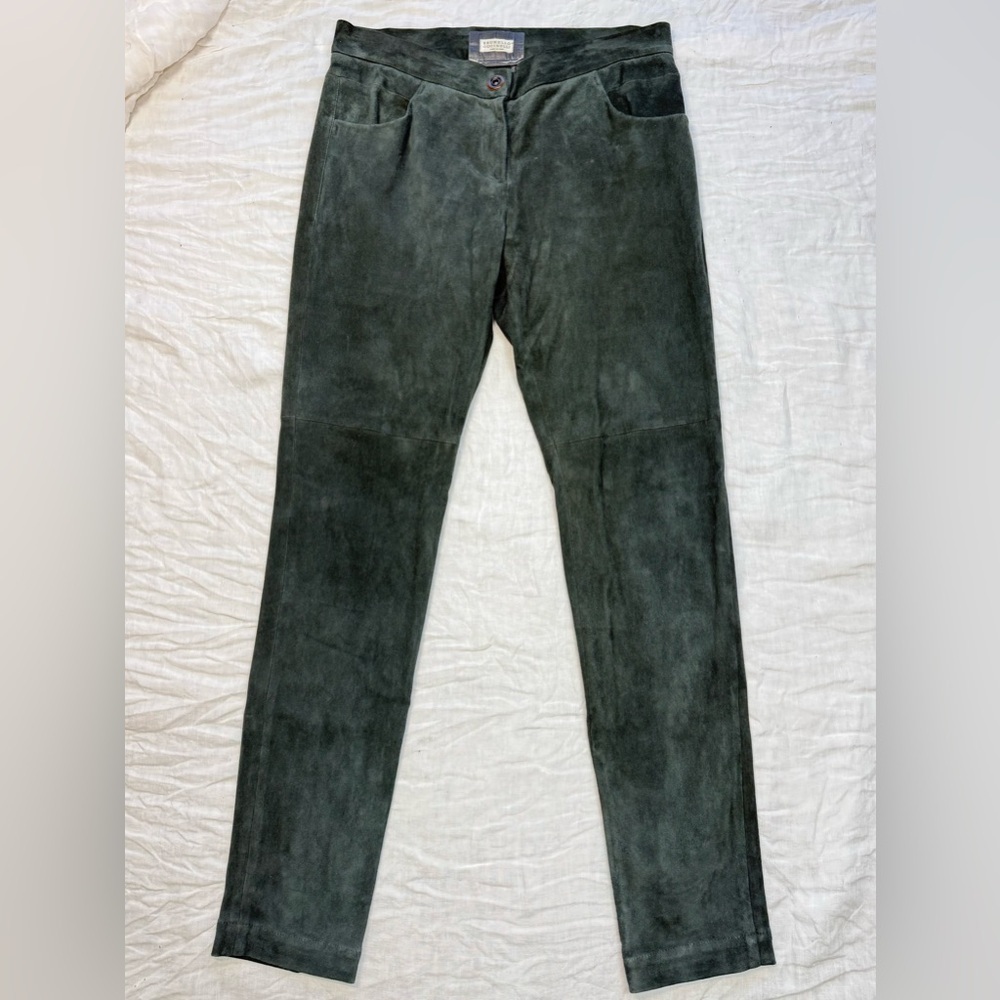 Brunello Cucinelli suede leather dark teal straight leg pants womens size 6